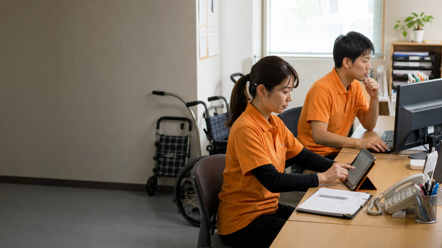 従業員3名の福祉用具事業所／相談記録と情報共有を整えて週8時間を削減した話の業務改善場面を再現したイメージ