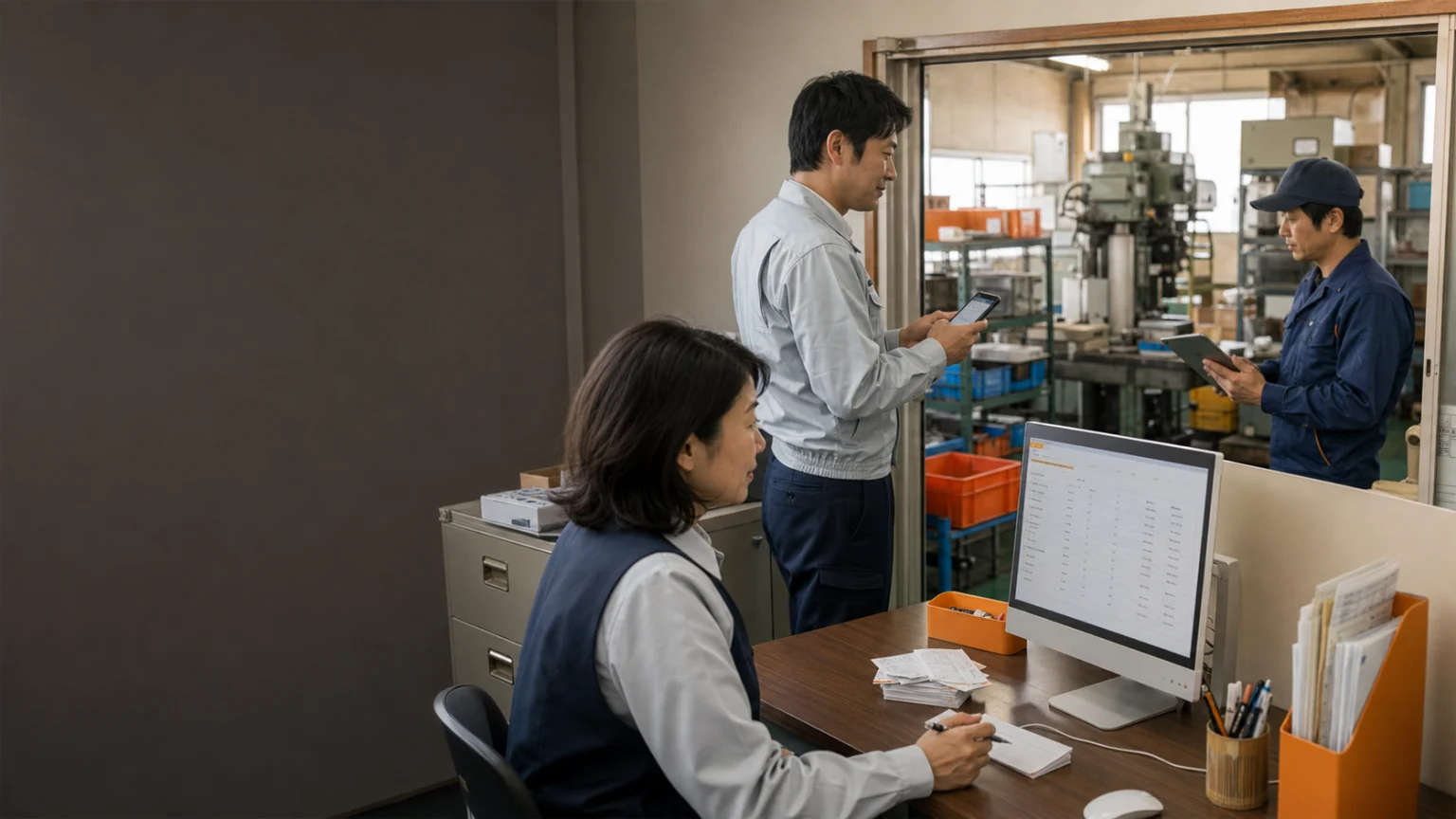 従業員12名の電子部品製造業／紙の依頼メモを整えて事務作業を半分にした話の業務改善場面を再現したイメージ