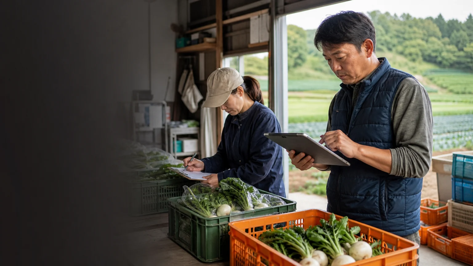 従業員12名の野菜農家／作業記録と販売記録を整えて品質管理を安定させた話の業務改善場面を再現したイメージ