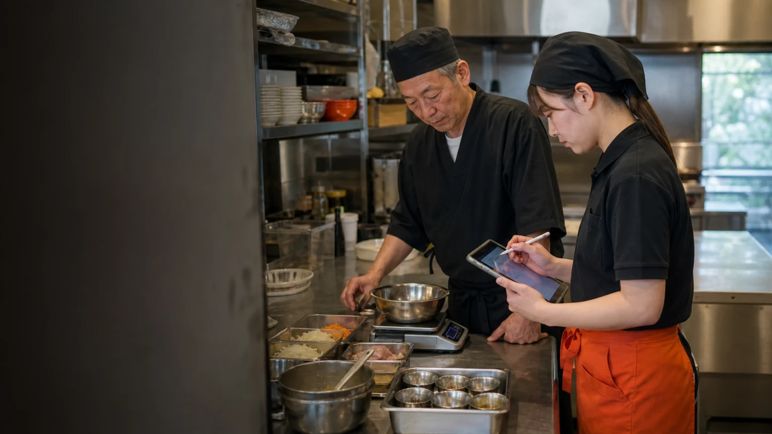 従業員8名の定食屋／レシピを整えて味のばらつきを減らした話の業務改善場面を再現したイメージ